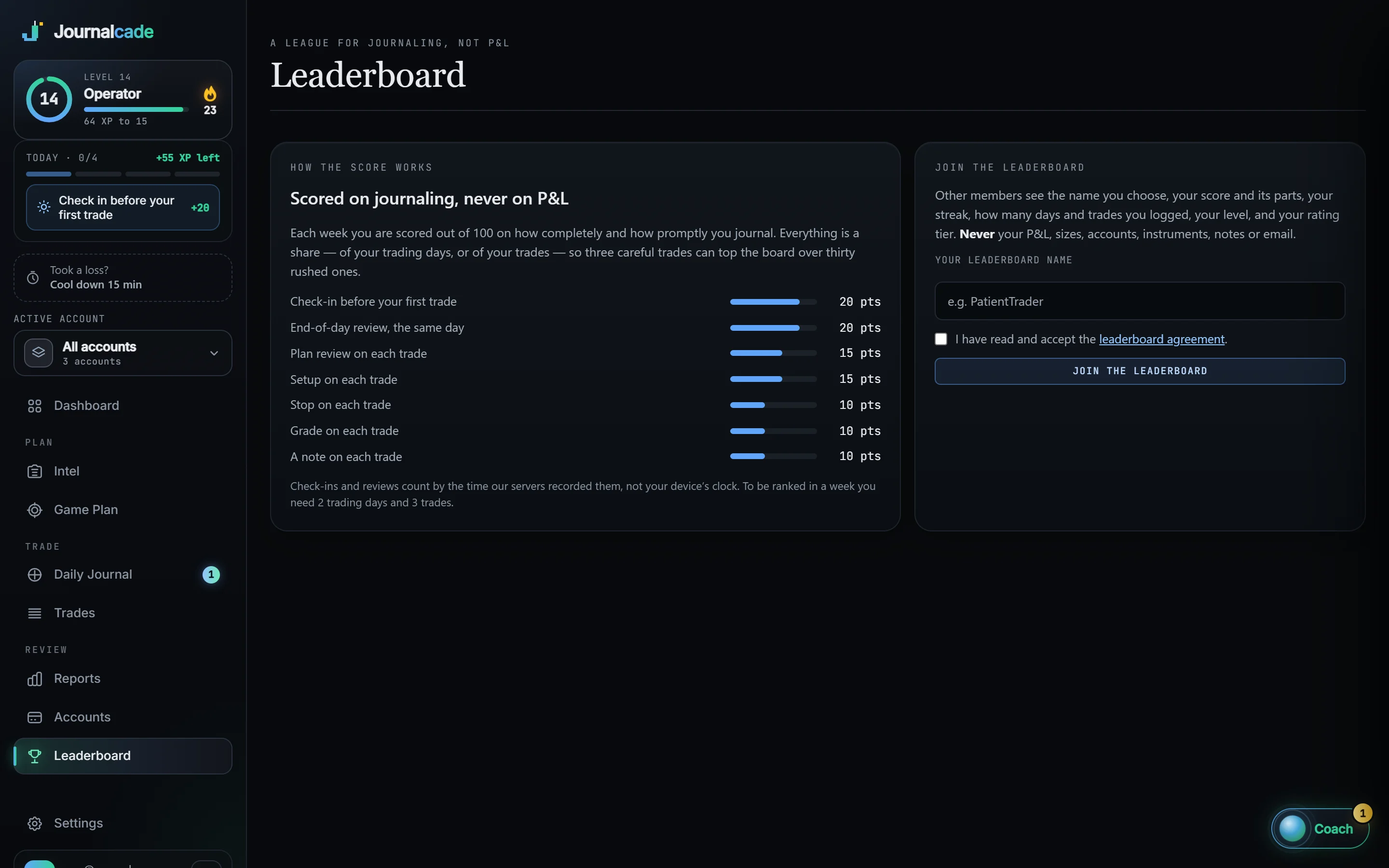 The leaderboard page: how the score works, and the form to join with a name and the agreement