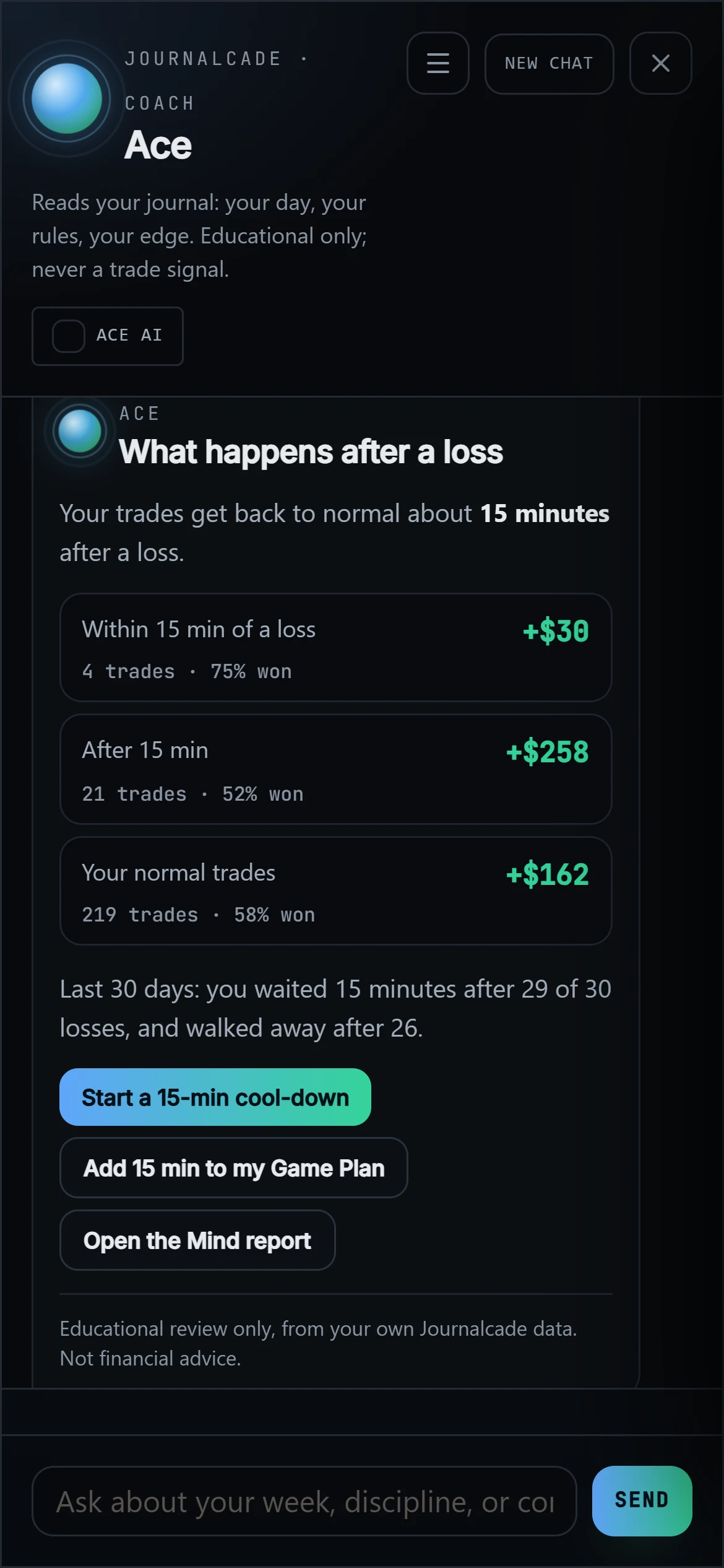 Ace in Journalcade on a phone, answering a question about the trader’s own trades