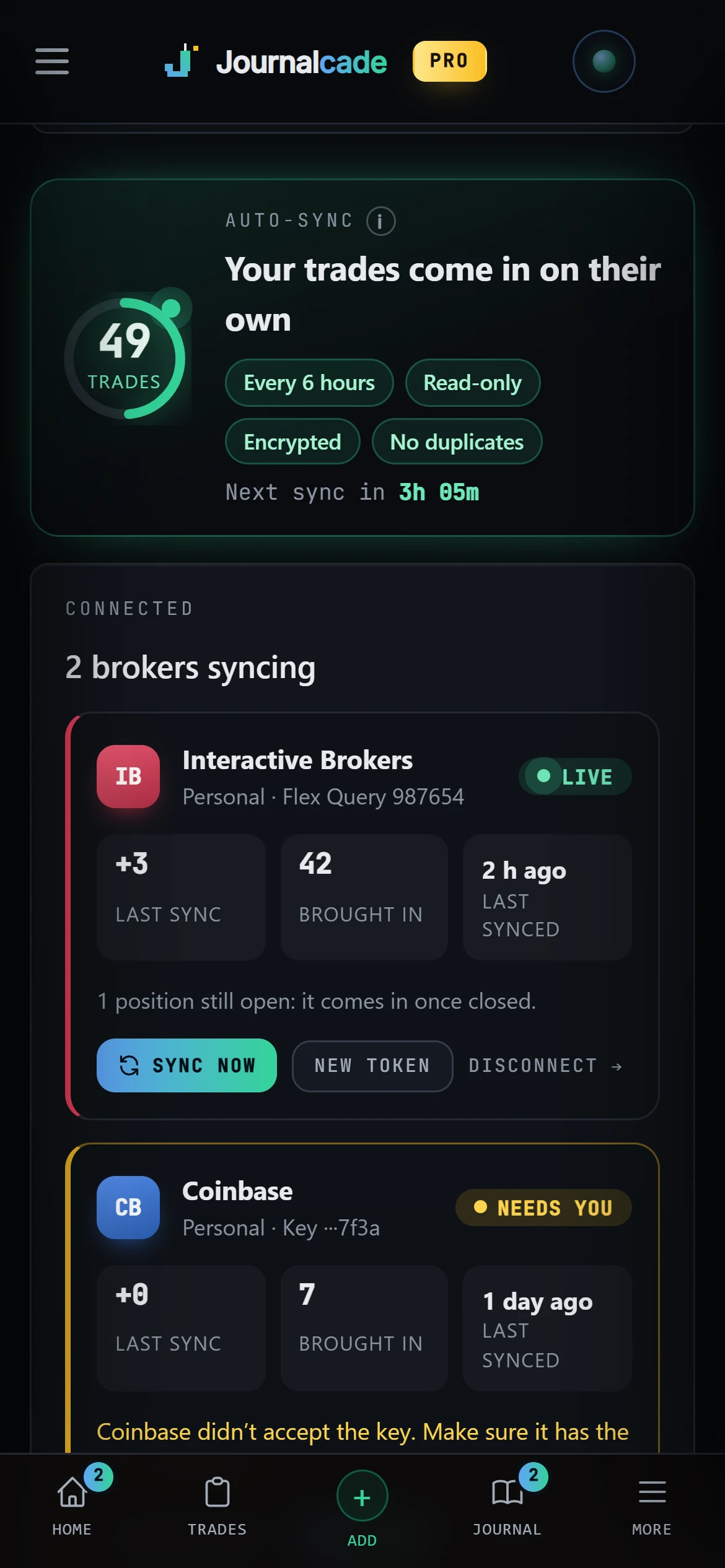 Auto-sync in Journalcade on a phone: Interactive Brokers connected