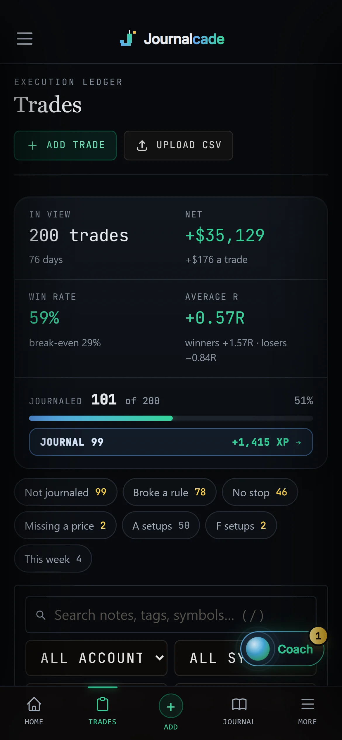 The trades list on a phone