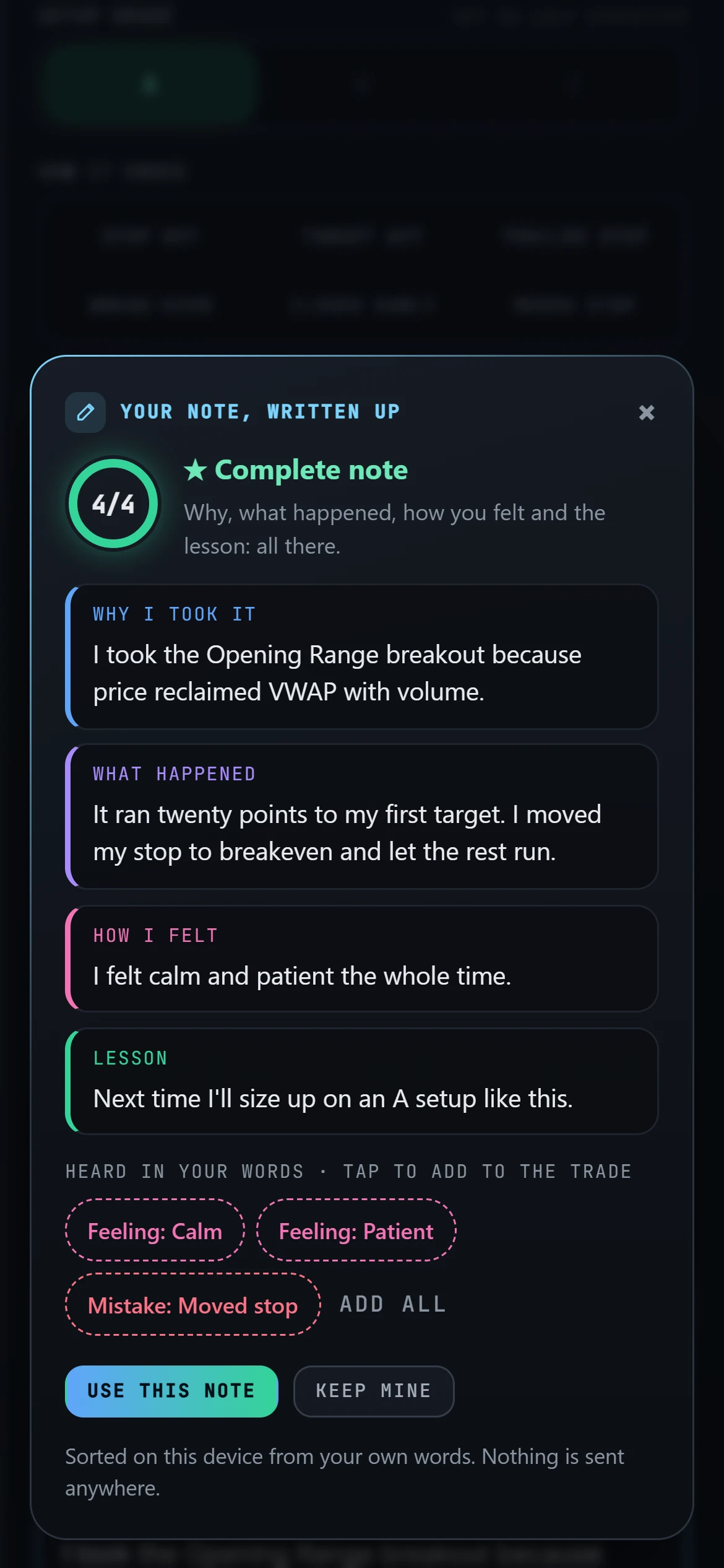 Voice write-up in Journalcade on a phone: a spoken note sorted into why, what happened, feelings and the lesson